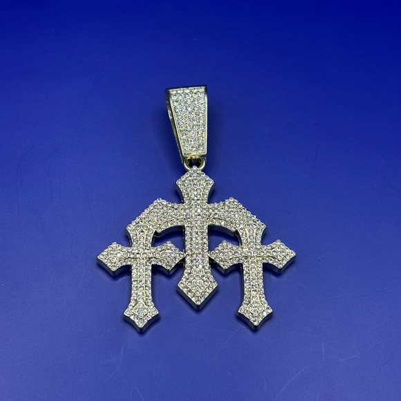 Big gold plated iced out triple cross pendant 3A CZ no chain included jewelry - Picture 2 of 3